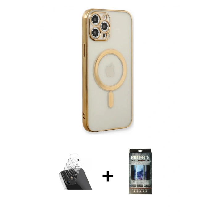MARSİLYAN™- iPhone 12 Pro Kılıf Doruk Minimal - Siyah 34D Hayalet Izgaralı Cam + Kamera Lens Koruma Cam - SF