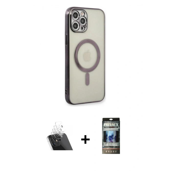 MARSİLYAN™- iPhone 12 Pro Kılıf Doruk Minimal - Siyah 34D Hayalet Izgaralı Cam + Kamera Lens Koruma Cam - SF