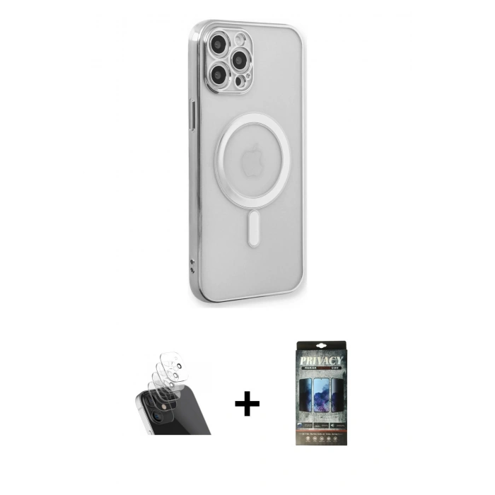 MARSİLYAN™- iPhone 12 Pro Kılıf Doruk Minimal - Siyah 34D Hayalet Izgaralı Cam + Kamera Lens Koruma Cam - SF