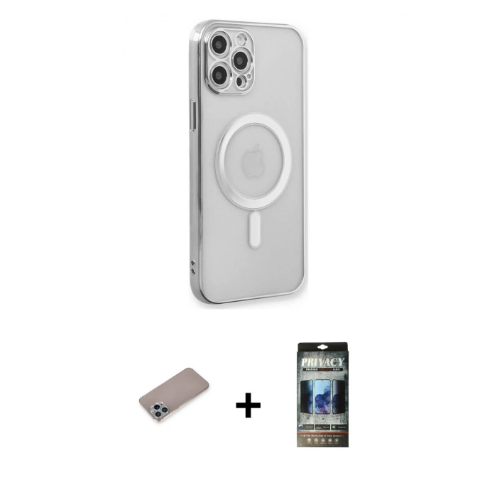 MARSİLYAN™- iPhone 12 Pro Kılıf Doruk Minimal - Siyah 34D Hayalet Izgaralı Cam + Shine Kamera Lens Koruma Cam - SABE