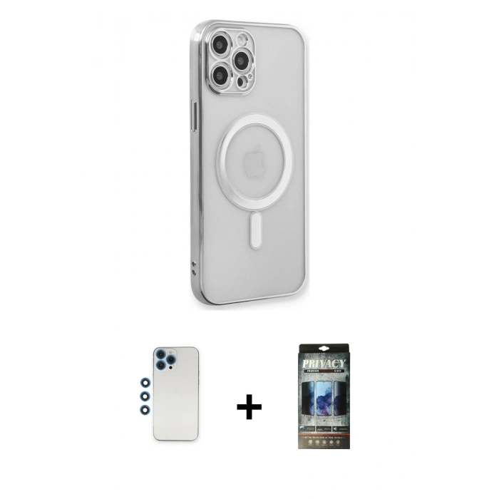 MARSİLYAN™- iPhone 12 Pro Kılıf Doruk Minimal - Siyah 34D Hayalet Izgaralı Cam + Shine Kamera Lens - MI