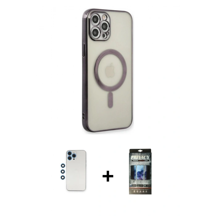 MARSİLYAN™- iPhone 12 Pro Kılıf Doruk Minimal - Siyah 34D Hayalet Izgaralı Cam + Shine Kamera Lens - MI