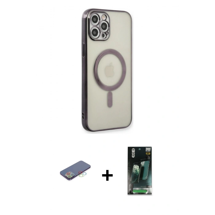 MARSİLYAN™- iPhone 12 Pro Kılıf Doruk Minimal - Siyah 360 Mat Full Body Arka Koruyucu + Renkli Kamera Lens Koruma Cam - MI