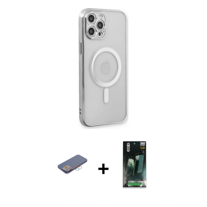 MARSİLYAN™- iPhone 12 Pro Kılıf Doruk Minimal - Siyah 360 Mat Full Body Arka Koruyucu + Renkli Kamera Lens Koruma Cam - PE