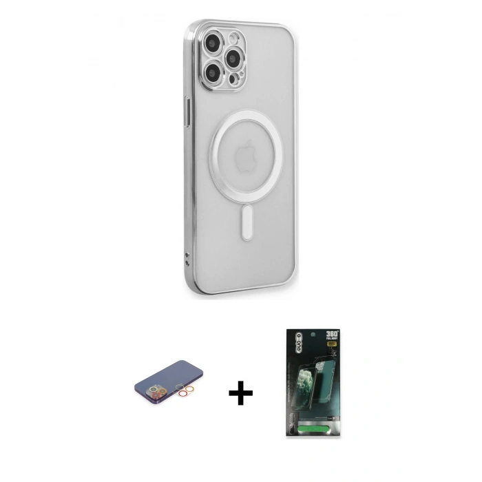 MARSİLYAN™- iPhone 12 Pro Kılıf Doruk Minimal - Siyah 360 Mat Full Body Arka Koruyucu + Renkli Kamera Lens Koruma Cam - TU