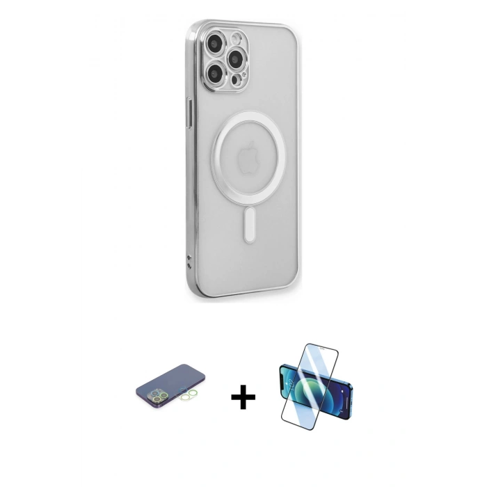 MARSİLYAN™- iPhone 12 Pro Kılıf Doruk Minimal - Siyah 3D Antistatik Cam Ekran Koruyucu + Renkli Kamera Lens Koruma Cam - YL