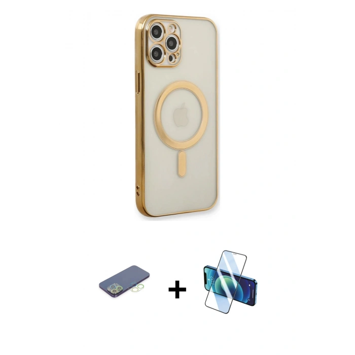 MARSİLYAN™- iPhone 12 Pro Kılıf Doruk Minimal - Siyah 3D Antistatik Cam Ekran Koruyucu + Renkli Kamera Lens Koruma Cam - YL