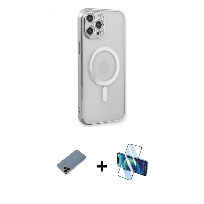 MARSİLYAN™- iPhone 12 Pro Kılıf Doruk Minimal - Siyah 3D Antistatik Cam Ekran Koruyucu + Shine Kamera Lens Koruma Cam - SH