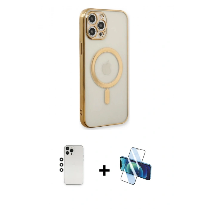MARSİLYAN™- iPhone 12 Pro Kılıf Doruk Minimal - Siyah 3D Antistatik Cam Ekran Koruyucu + Shine Kamera Lens - GS