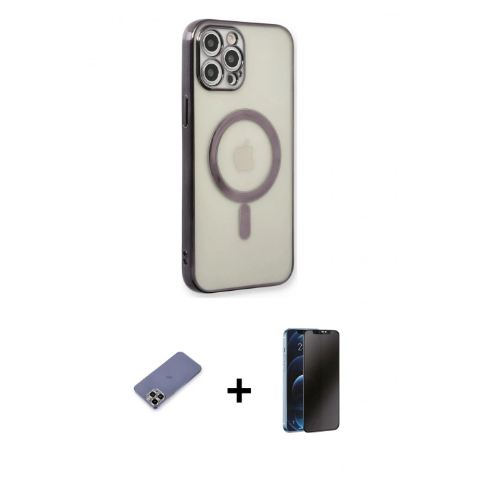MARSİLYAN™- iPhone 12 Pro Kılıf Doruk Minimal - Siyah 3D Antistatik Hayalet Cam Ekran Koruyucu + Metal Kamera Lens Koruma Cam - GD