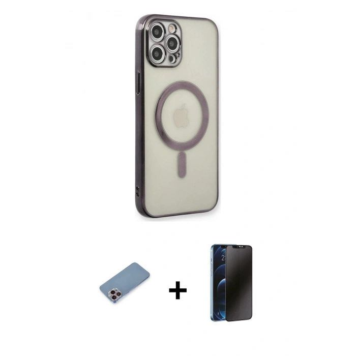 MARSİLYAN™- iPhone 12 Pro Kılıf Doruk Minimal - Siyah 3D Antistatik Hayalet Cam Ekran Koruyucu + Shine Kamera Lens Koruma Cam - PE