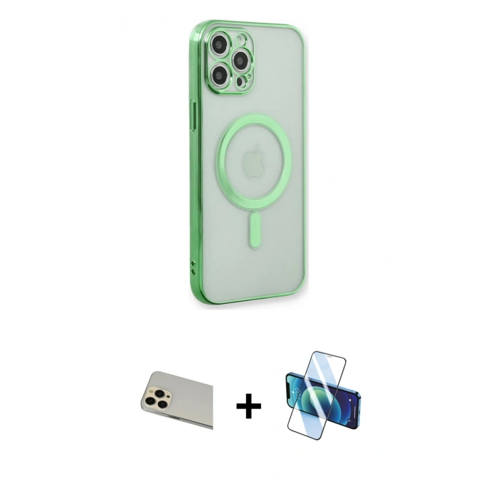 MARSİLYAN™- iPhone 12 Pro Kılıf Doruk Minimal - Siyah 3D Antistatik Seramik Nano Ekran Koruyucu + Rainbow Kamera Lens Koruma Cam - GD