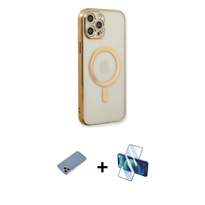 MARSİLYAN™- iPhone 12 Pro Kılıf Doruk Minimal - Siyah 3D Antistatik Seramik Nano Ekran Koruyucu + Shine Kamera Lens Koruma Cam - PE