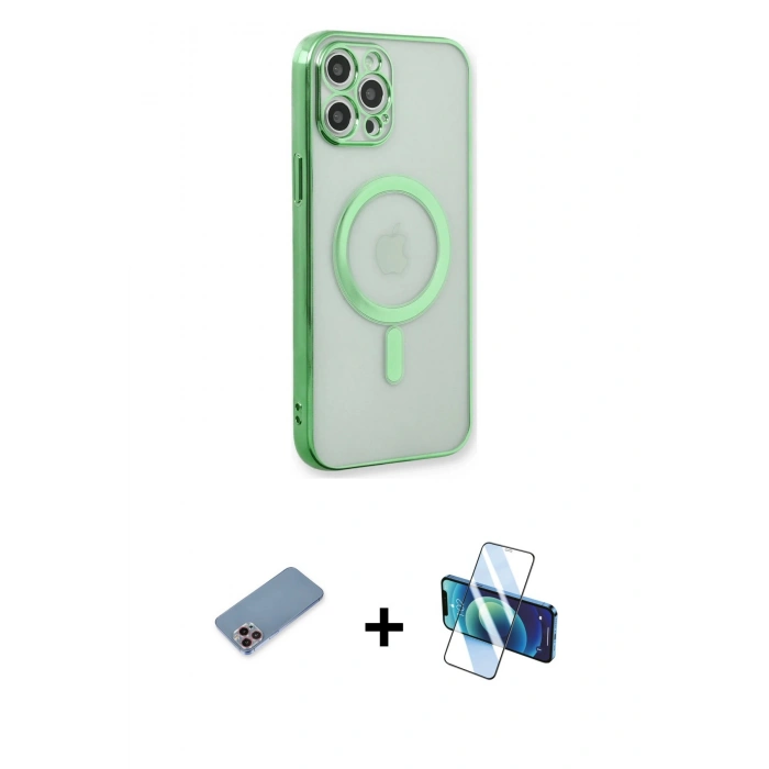 MARSİLYAN™- iPhone 12 Pro Kılıf Doruk Minimal - Siyah 3D Antistatik Seramik Nano Ekran Koruyucu + Shine Kamera Lens Koruma Cam - PE