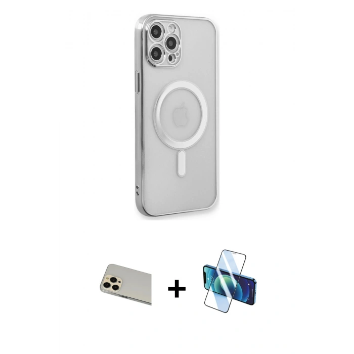 MARSİLYAN™- iPhone 12 Pro Kılıf Doruk Minimal - Siyah 3D Antistatik Seramik Nano Ekran Koruyucu + Rainbow Kamera Lens Koruma Cam - GD