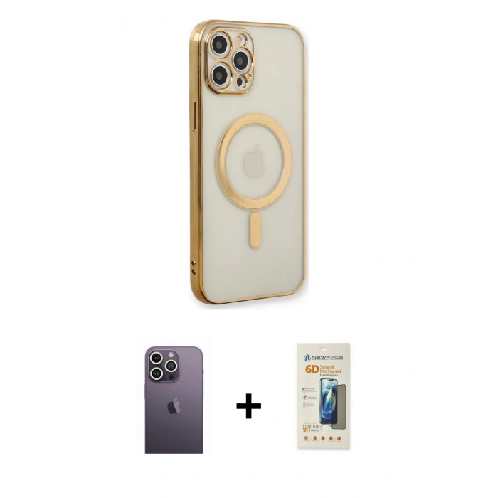 MARSİLYAN™- iPhone 12 Pro Kılıf Doruk Minimal - Siyah 6D Mat Seramik Hayalet Nano Ekran Koruyucu + Neon Fosforlu Kamera Lens - BZ