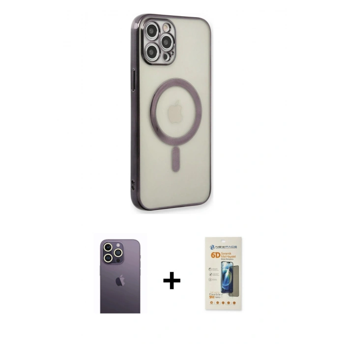 MARSİLYAN™- iPhone 12 Pro Kılıf Doruk Minimal - Siyah 6D Mat Seramik Hayalet Nano Ekran Koruyucu + Neon Fosforlu Kamera Lens - BZ