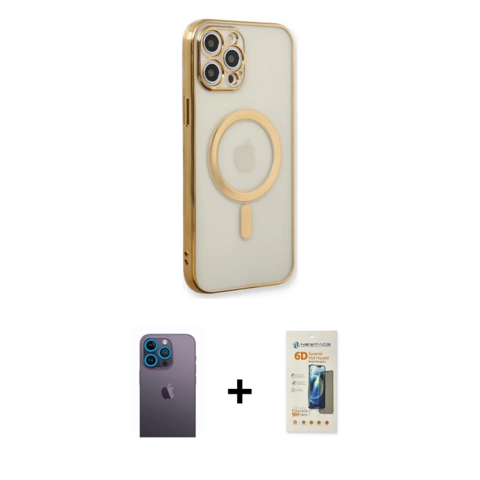 MARSİLYAN™- iPhone 12 Pro Kılıf Doruk Minimal - Siyah 6D Mat Seramik Hayalet Nano Ekran Koruyucu + Neon Fosforlu Kamera Lens - MI
