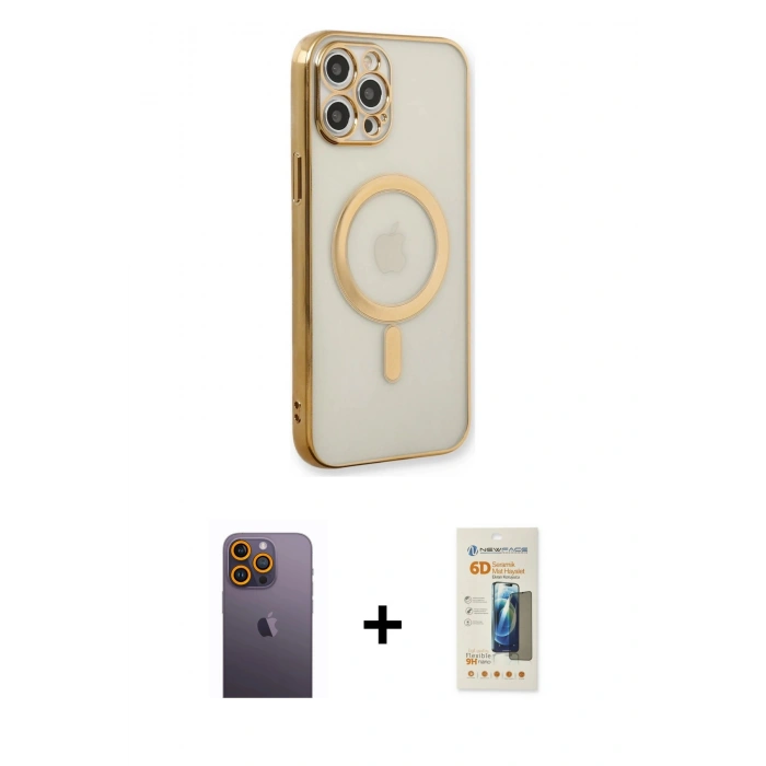 MARSİLYAN™- iPhone 12 Pro Kılıf Doruk Minimal - Siyah 6D Mat Seramik Hayalet Nano Ekran Koruyucu + Neon Fosforlu Kamera Lens - SI