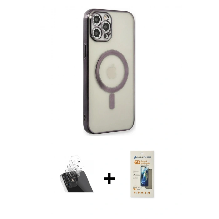 MARSİLYAN™- iPhone 12 Pro Kılıf Doruk Minimal - Siyah 6D Mat Seramik Hayalet Nano Ekran Koruyucu + Kamera Lens Koruma Cam - SF