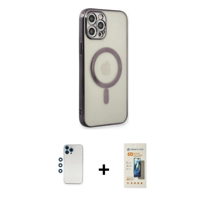 MARSİLYAN™- iPhone 12 Pro Kılıf Doruk Minimal - Siyah 6D Mat Seramik Hayalet Nano Ekran Koruyucu + Shine Kamera Lens - MI