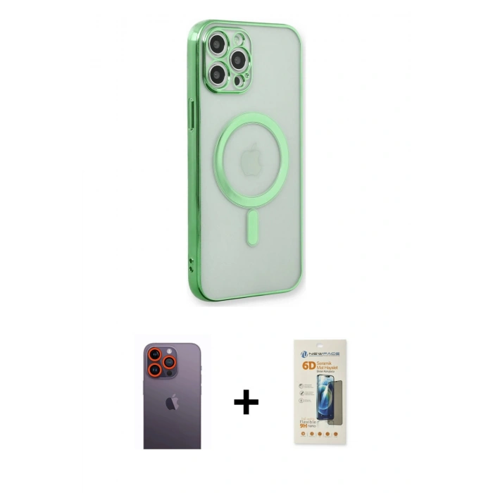 MARSİLYAN™- iPhone 12 Pro Kılıf Doruk Minimal - Siyah 6D Mat Seramik Hayalet Nano Ekran Koruyucu + Neon Fosforlu Kamera Lens - TU