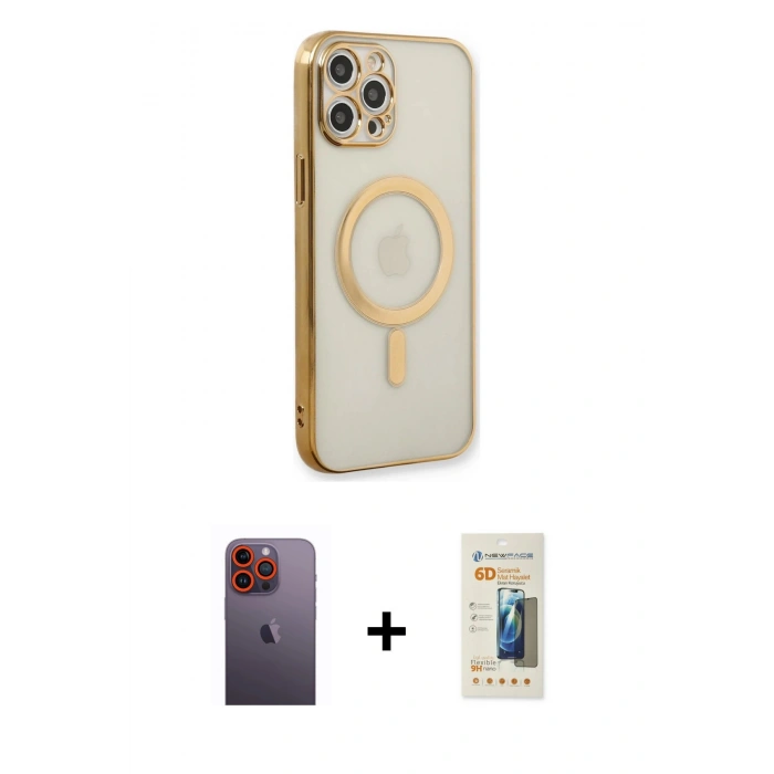 MARSİLYAN™- iPhone 12 Pro Kılıf Doruk Minimal - Siyah 6D Mat Seramik Hayalet Nano Ekran Koruyucu + Neon Fosforlu Kamera Lens - TU