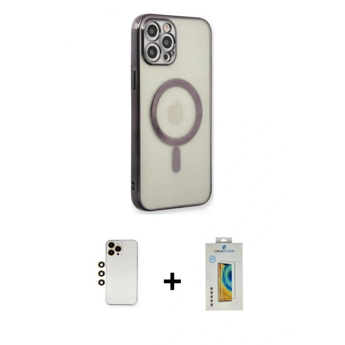 MARSİLYAN™- iPhone 12 Pro Kılıf Doruk Minimal - Siyah Polymer Nano Ekran Koruyucu + Shine Kamera Lens - GD