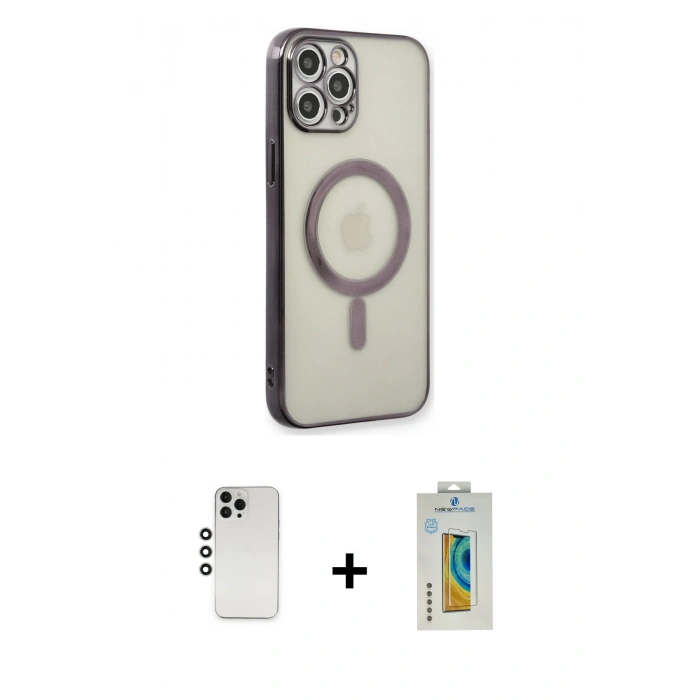 MARSİLYAN™- iPhone 12 Pro Kılıf Doruk Minimal - Siyah Polymer Nano Ekran Koruyucu + Shine Kamera Lens - GS