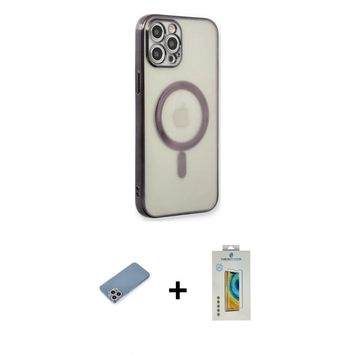 MARSİLYAN™- iPhone 12 Pro Kılıf Doruk Minimal - Siyah Polymer Nano Ekran Koruyucu + Shine Kamera Lens Koruma Cam - GS