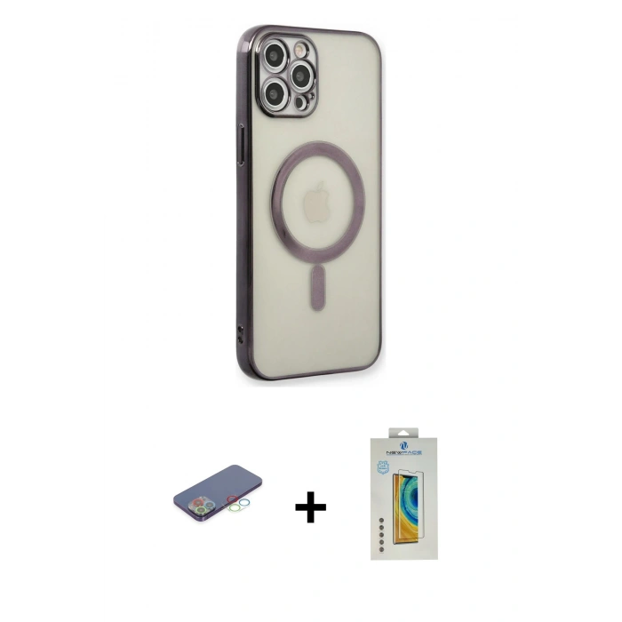 MARSİLYAN™- iPhone 12 Pro Kılıf Doruk Minimal - Siyah Polymer Nano Ekran Koruyucu + Renkli Kamera Lens Koruma Cam - MI