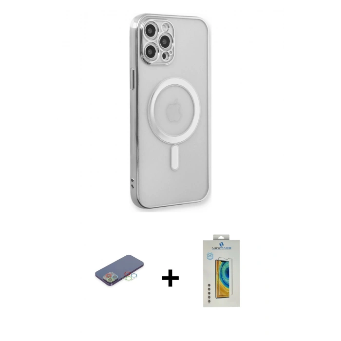MARSİLYAN™- iPhone 12 Pro Kılıf Doruk Minimal - Siyah Polymer Nano Ekran Koruyucu + Renkli Kamera Lens Koruma Cam - MI