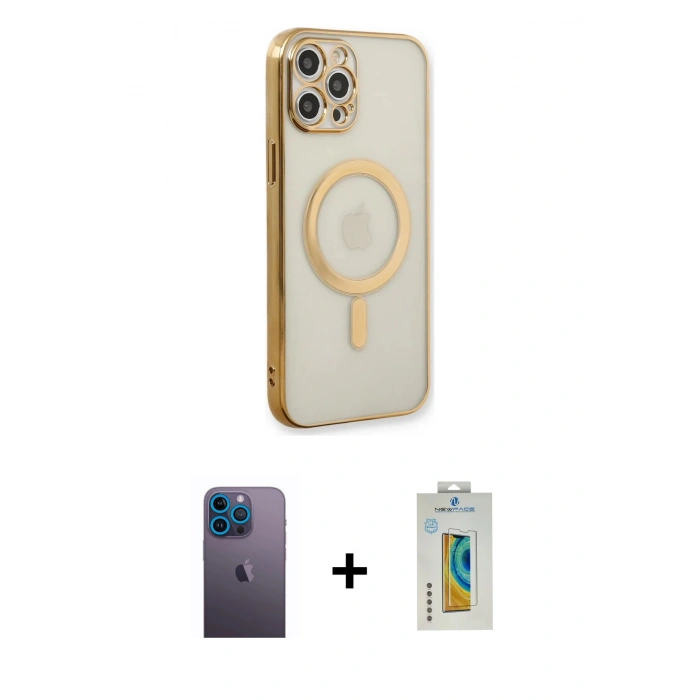 MARSİLYAN™- iPhone 12 Pro Kılıf Doruk Minimal - Siyah Polymer Nano Ekran Koruyucu + Neon Fosforlu Kamera Lens - MI