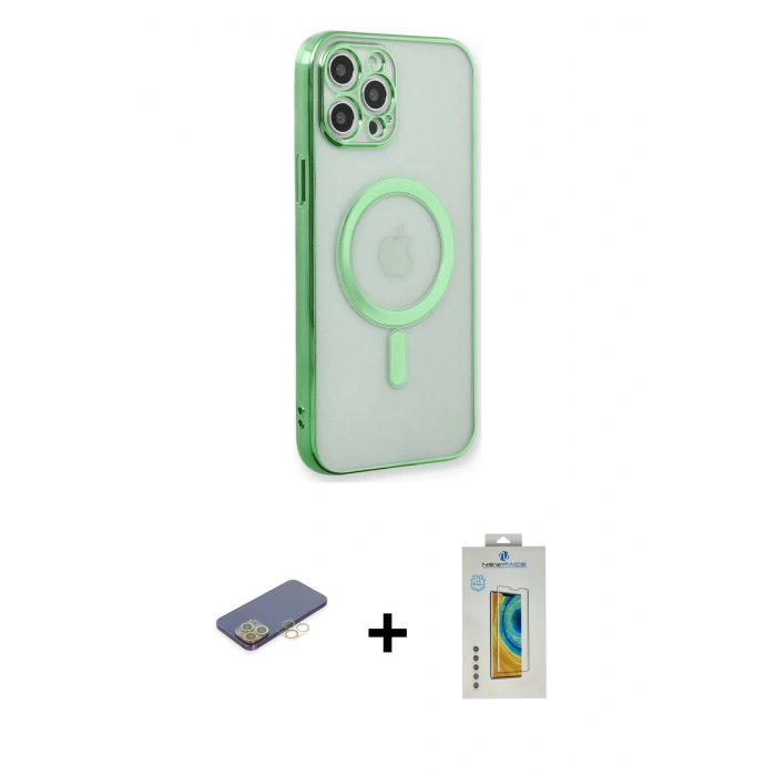 MARSİLYAN™- iPhone 12 Pro Kılıf Doruk Minimal - Siyah Polymer Nano Ekran Koruyucu + Sarı Renkli Kamera Lens Koruma Cam