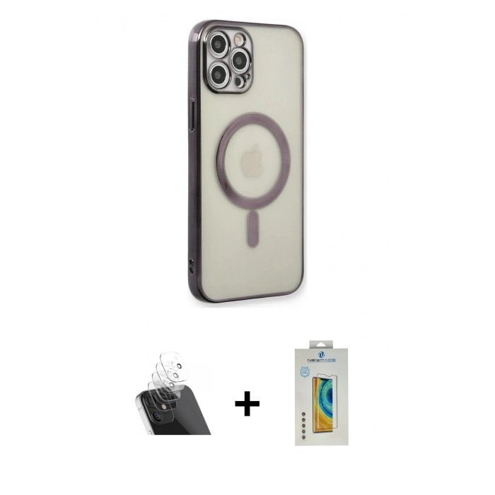 MARSİLYAN™- iPhone 12 Pro Kılıf Doruk Minimal - Siyah Polymer Nano Ekran Koruyucu + Kamera Lens Koruma Cam - SF
