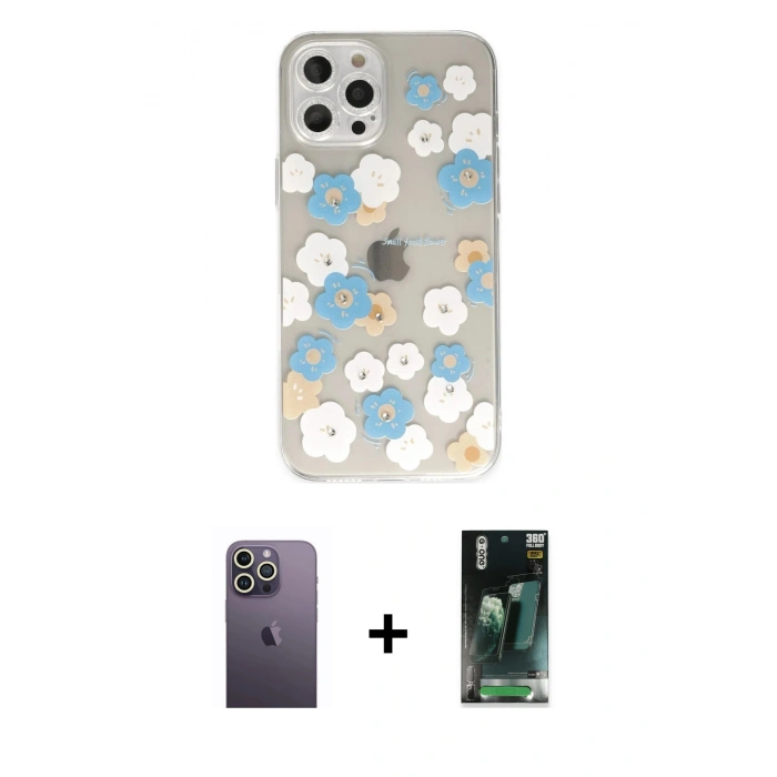 MARSİLYAN™- iPhone 12 Pro Kılıf Eksen Asil Prime - Şeffaf 360 Full Body Arka Koruyucu + Neon Fosforlu Kamera Lens - BZ