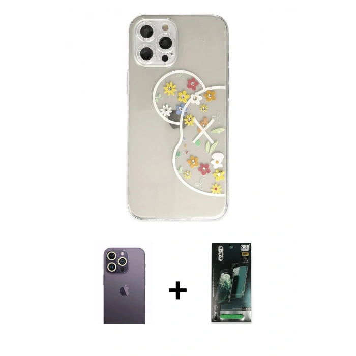 MARSİLYAN™- iPhone 12 Pro Kılıf Eksen Asil Prime - Şeffaf 360 Full Body Arka Koruyucu + Neon Fosforlu Kamera Lens - BZ