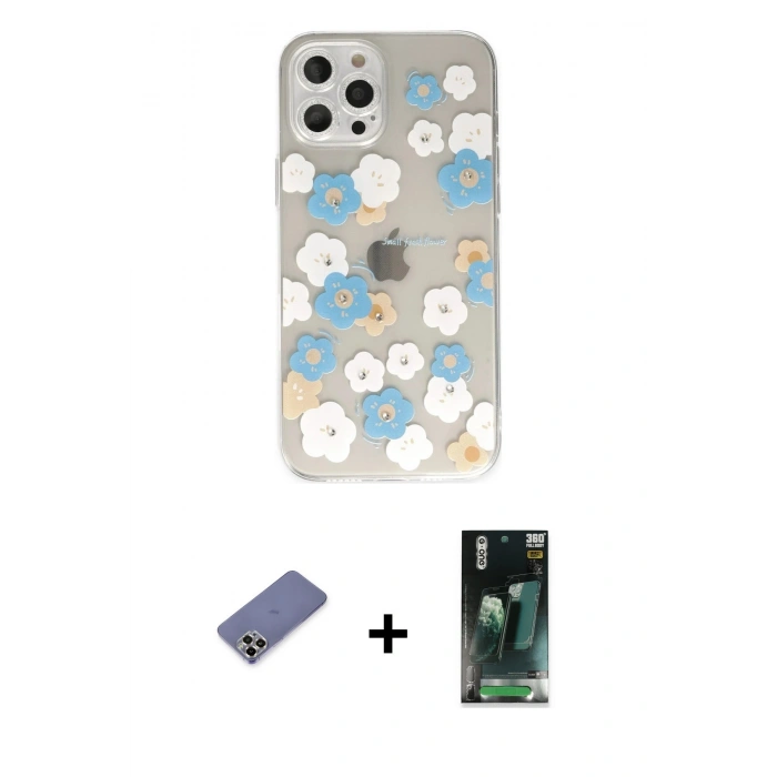 MARSİLYAN™- iPhone 12 Pro Kılıf Eksen Asil Prime - Şeffaf 360 Full Body Arka Koruyucu + Metal Kamera Lens Koruma Cam - GD