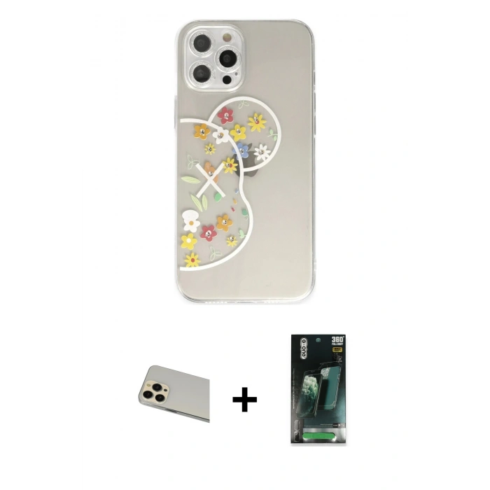 MARSİLYAN™- iPhone 12 Pro Kılıf Eksen Asil Prime - Şeffaf 360 Full Body Arka Koruyucu + Gold Rainbow Kamera Lens Koruma Cam