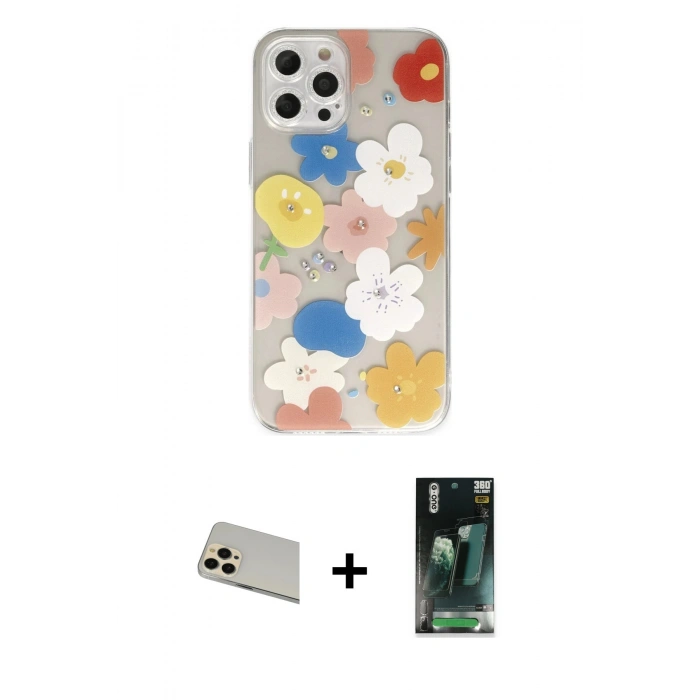 MARSİLYAN™- iPhone 12 Pro Kılıf Eksen Asil Prime - Şeffaf 360 Full Body Arka Koruyucu + Gold Rainbow Kamera Lens Koruma Cam