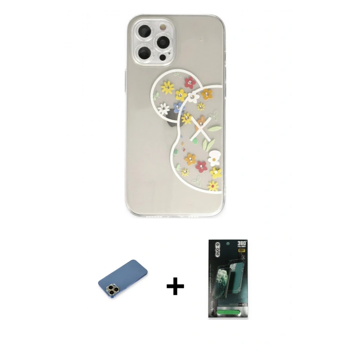 MARSİLYAN™- iPhone 12 Pro Kılıf Eksen Asil Prime - Şeffaf 360 Full Body Arka Koruyucu + Shine Kamera Lens Koruma Cam - GD