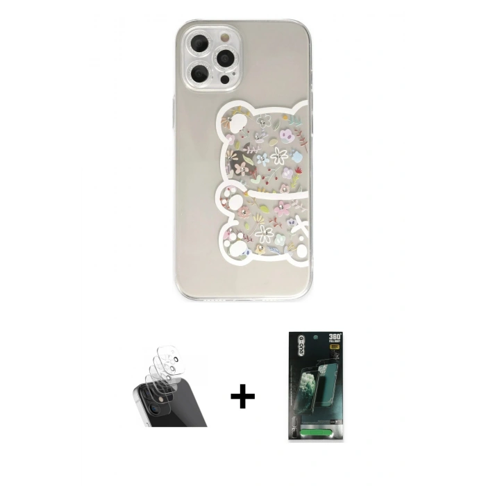MARSİLYAN™- iPhone 12 Pro Kılıf Eksen Asil Prime - Şeffaf 360 Full Body Arka Koruyucu + Kamera Lens Koruma Cam - SF