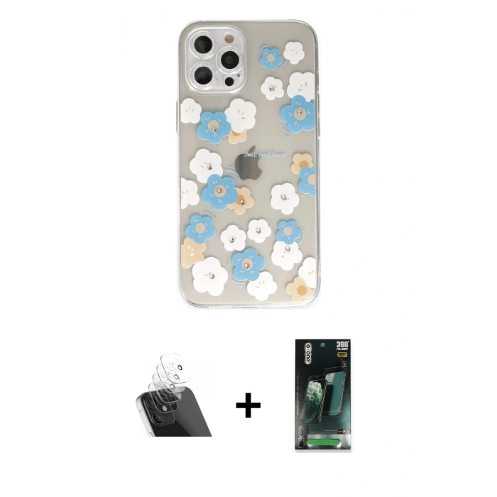 MARSİLYAN™- iPhone 12 Pro Kılıf Eksen Asil Prime - Şeffaf 360 Full Body Arka Koruyucu + Kamera Lens Koruma Cam - SF