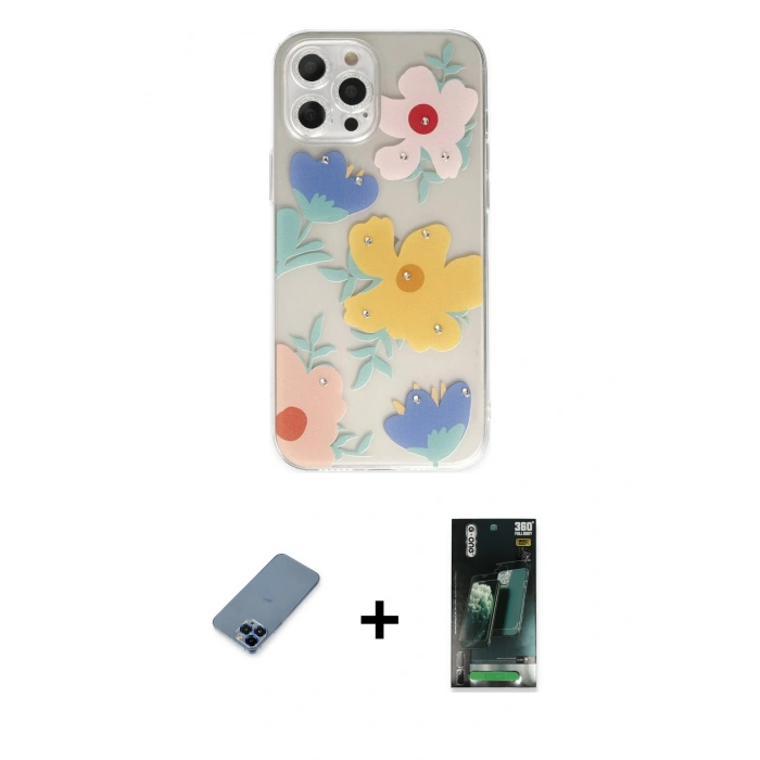 MARSİLYAN™- iPhone 12 Pro Kılıf Eksen Asil Prime - Şeffaf 360 Full Body Arka Koruyucu + Metal Kamera Lens Koruma Cam - MI