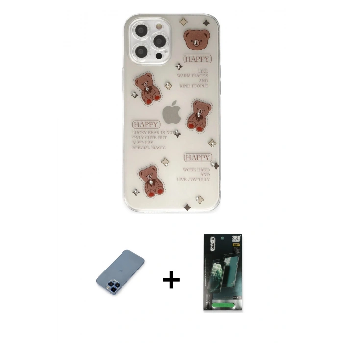 MARSİLYAN™- iPhone 12 Pro Kılıf Eksen Asil Prime - Şeffaf 360 Full Body Arka Koruyucu + Metal Kamera Lens Koruma Cam - MI