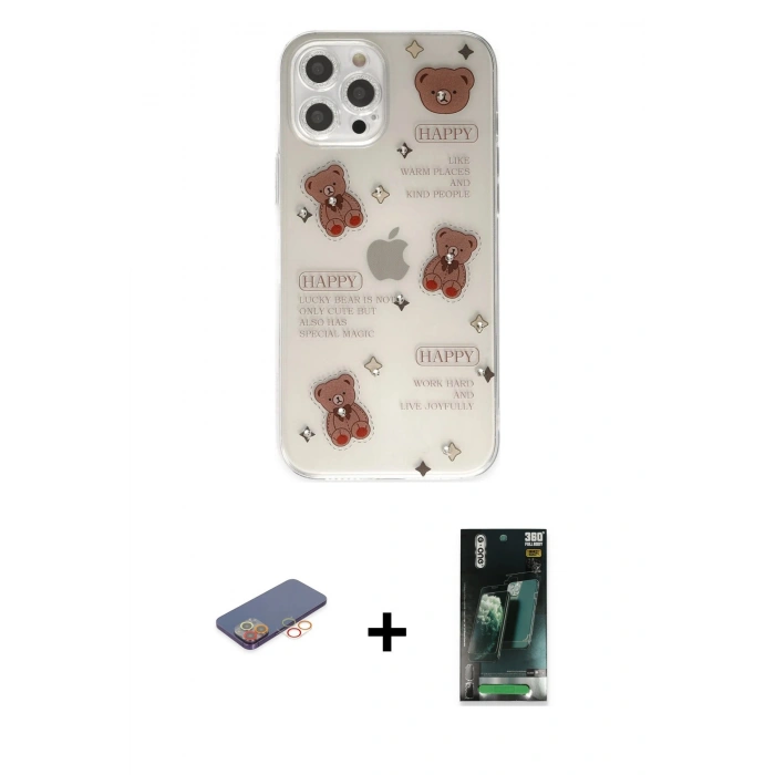 MARSİLYAN™- iPhone 12 Pro Kılıf Eksen Asil Prime - Şeffaf 360 Full Body Arka Koruyucu + Renkli Kamera Lens Koruma Cam - TU
