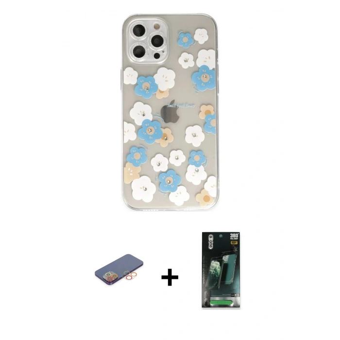 MARSİLYAN™- iPhone 12 Pro Kılıf Eksen Asil Prime - Şeffaf 360 Full Body Arka Koruyucu + Renkli Kamera Lens Koruma Cam - TU
