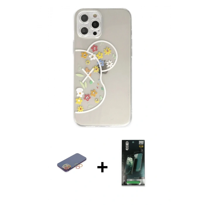 MARSİLYAN™- iPhone 12 Pro Kılıf Eksen Asil Prime - Şeffaf 360 Full Body Arka Koruyucu + Renkli Kamera Lens Koruma Cam - TU