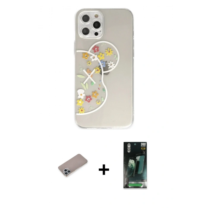 MARSİLYAN™- iPhone 12 Pro Kılıf Eksen Asil Prime - Şeffaf 360 Full Body Arka Koruyucu + Sierra Blue Shine Kamera Lens Koruma Cam