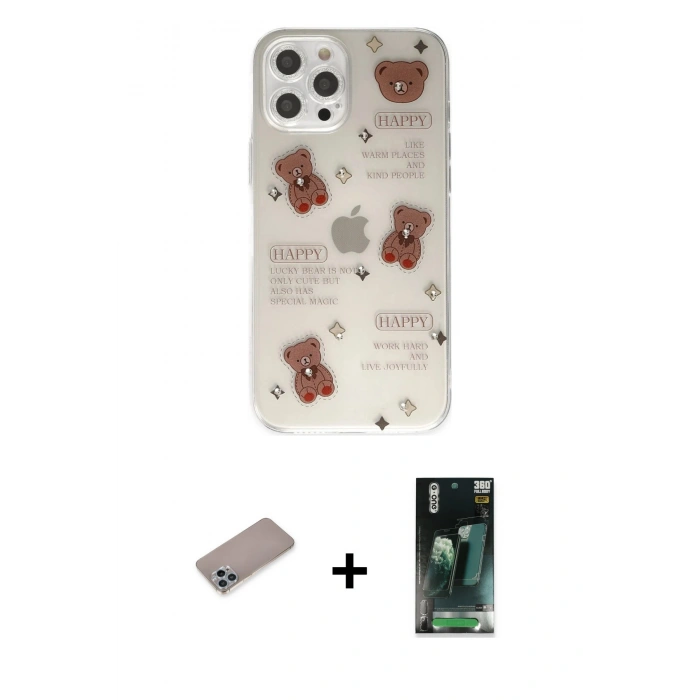 MARSİLYAN™- iPhone 12 Pro Kılıf Eksen Asil Prime - Şeffaf 360 Full Body Arka Koruyucu + Sierra Blue Shine Kamera Lens Koruma Cam